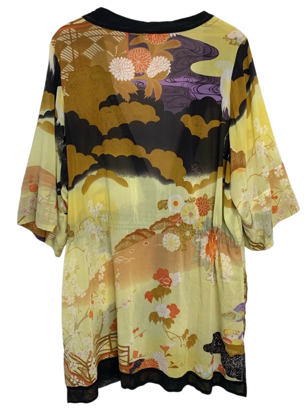 Citron of Santa Monica Yellow Floral Print Kimono Jacket with Black Trim - Picture 2 of 5